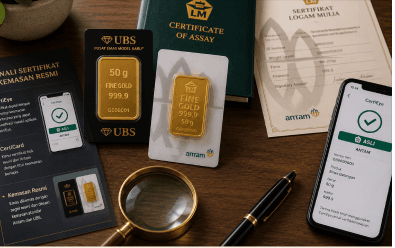Kemasan dan sertifikat resmi emas Antam dan UBS